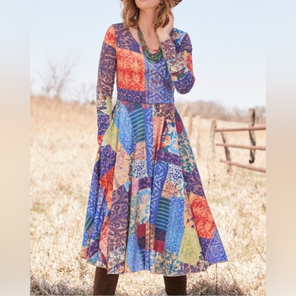 Peruvian Connection Dresses & Skirts - Peruvian Connection Patchwork Print Maxi Dress Boho Artisan Pima Cotton Folk Art